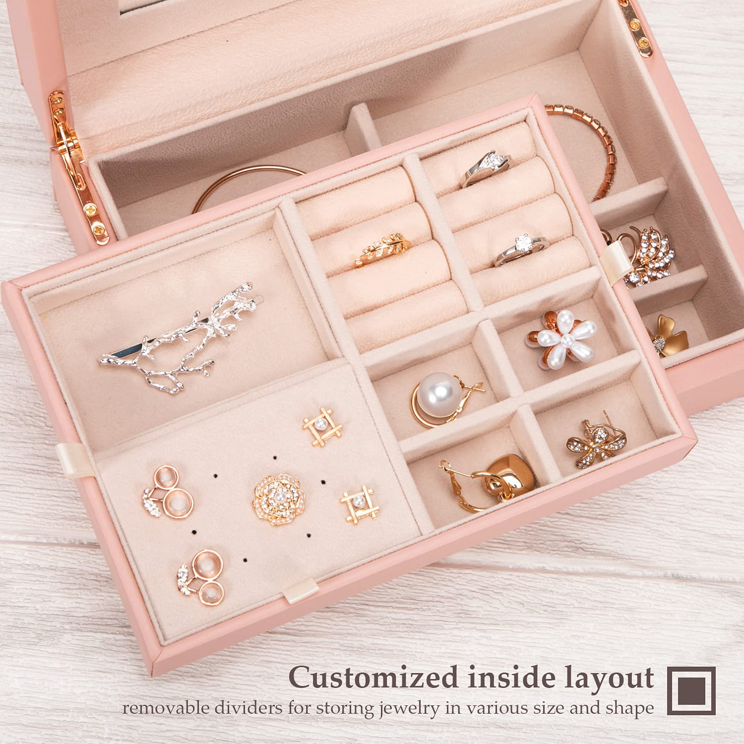 LANDICI Jewelry Organizer Box for Women Teen Girls,Large Jewelry Storage Case with Mirror,2 Layer Removable Stackable Tray,Leather Jewellery Display Holder for Ring Necklace Earring Bracelets,Grey - Image 2